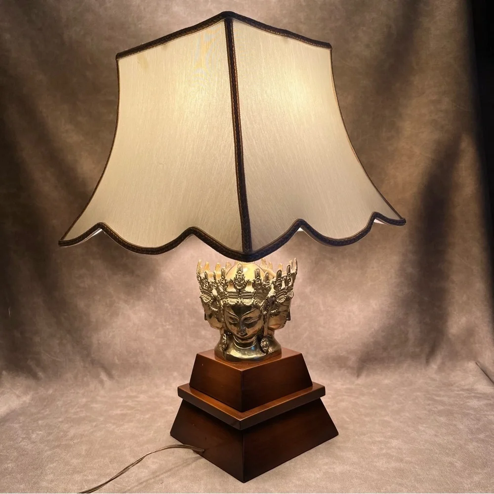 Vintage Table Lamp with Crowned Asian Faces in Brass on Wood Base